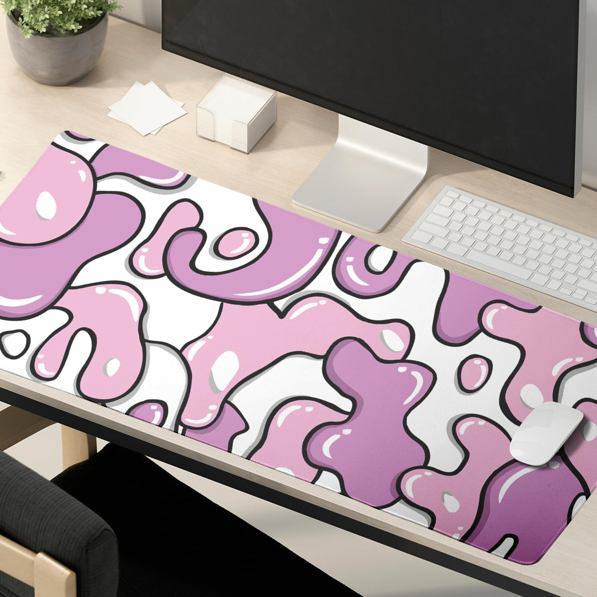 Pink White Gaming Mouse Pad Geometric Japanese Extended Mouse Pad 35.4X15.7in Full Desk Mousepad