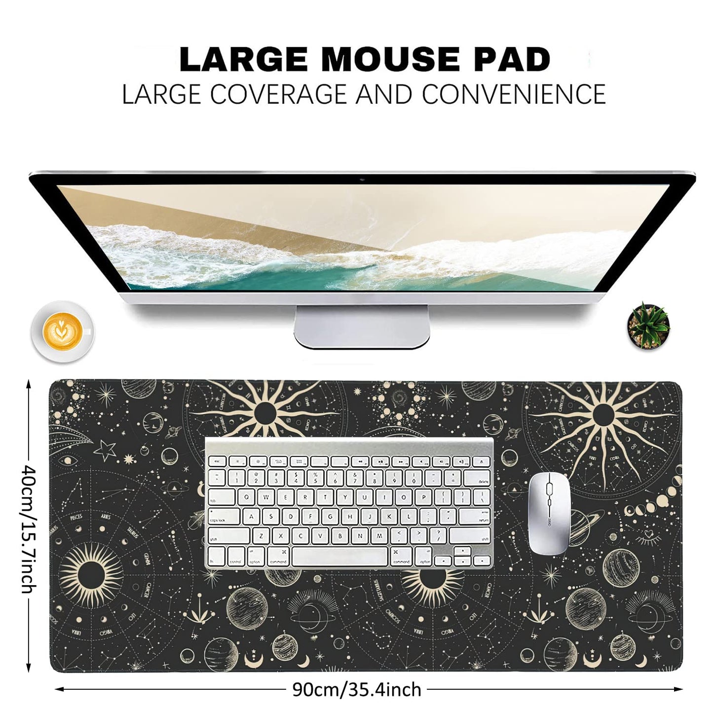 Vintage Moon Phases Extended Gaming Mouse Pad Large Desk Mat with Non-Slip Rubber Base and Stitched