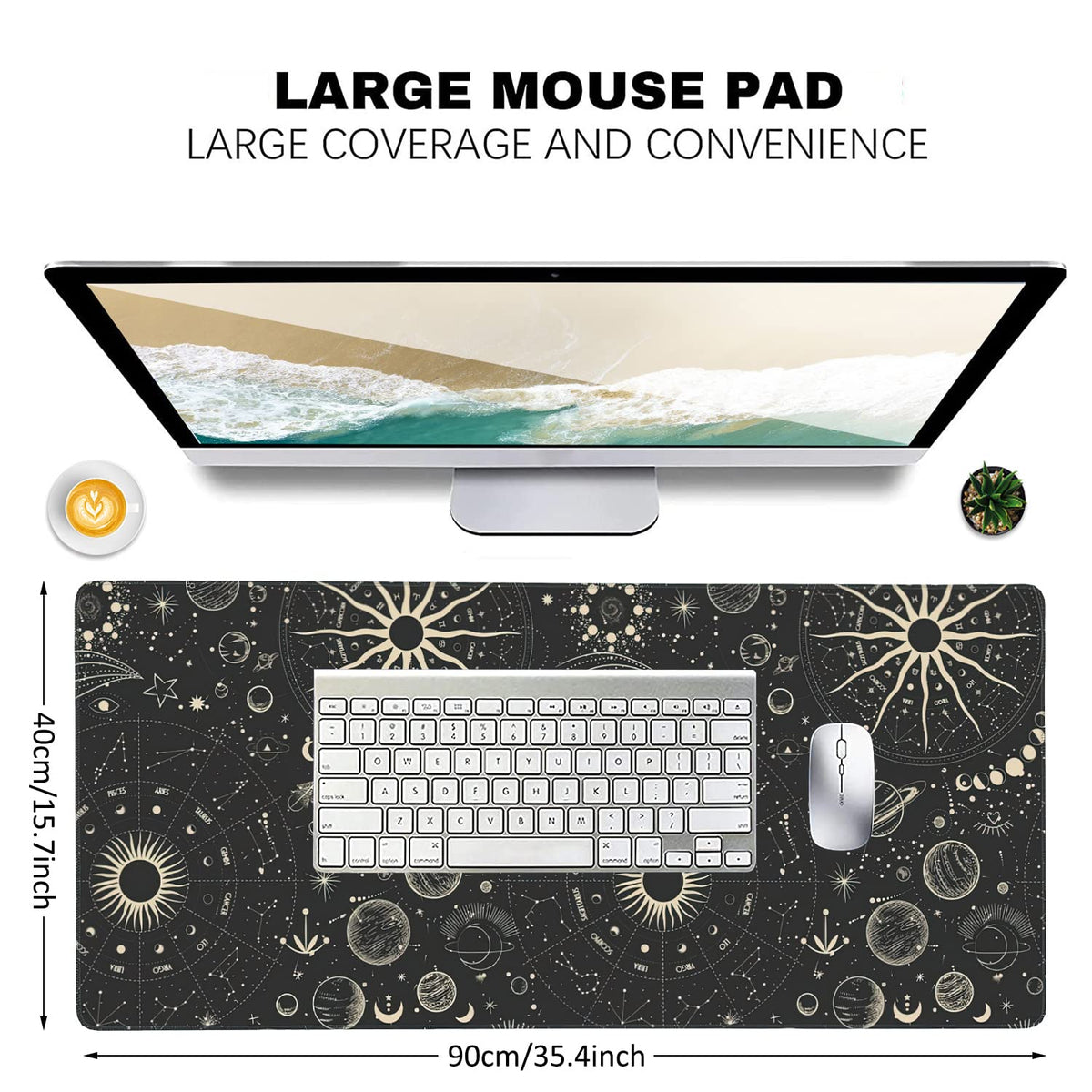 Vintage Moon Phases Extended Gaming Mouse Pad Large Desk Mat with Non-Slip Rubber Base and Stitched