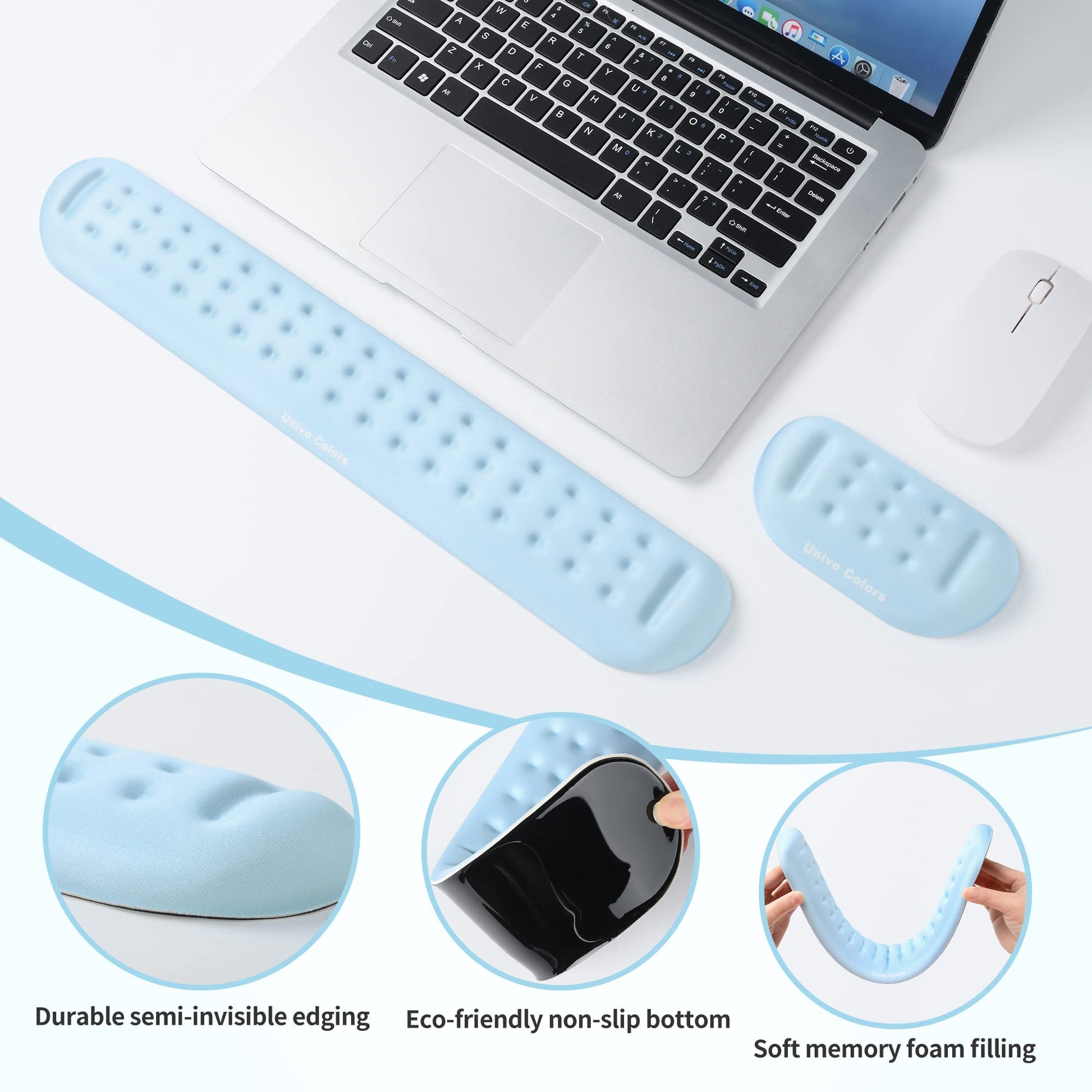 UnivoColors Light Blue Keyboard Wrist Support and Mouse Wrist Rest Set, Made of Memory Foam Soft