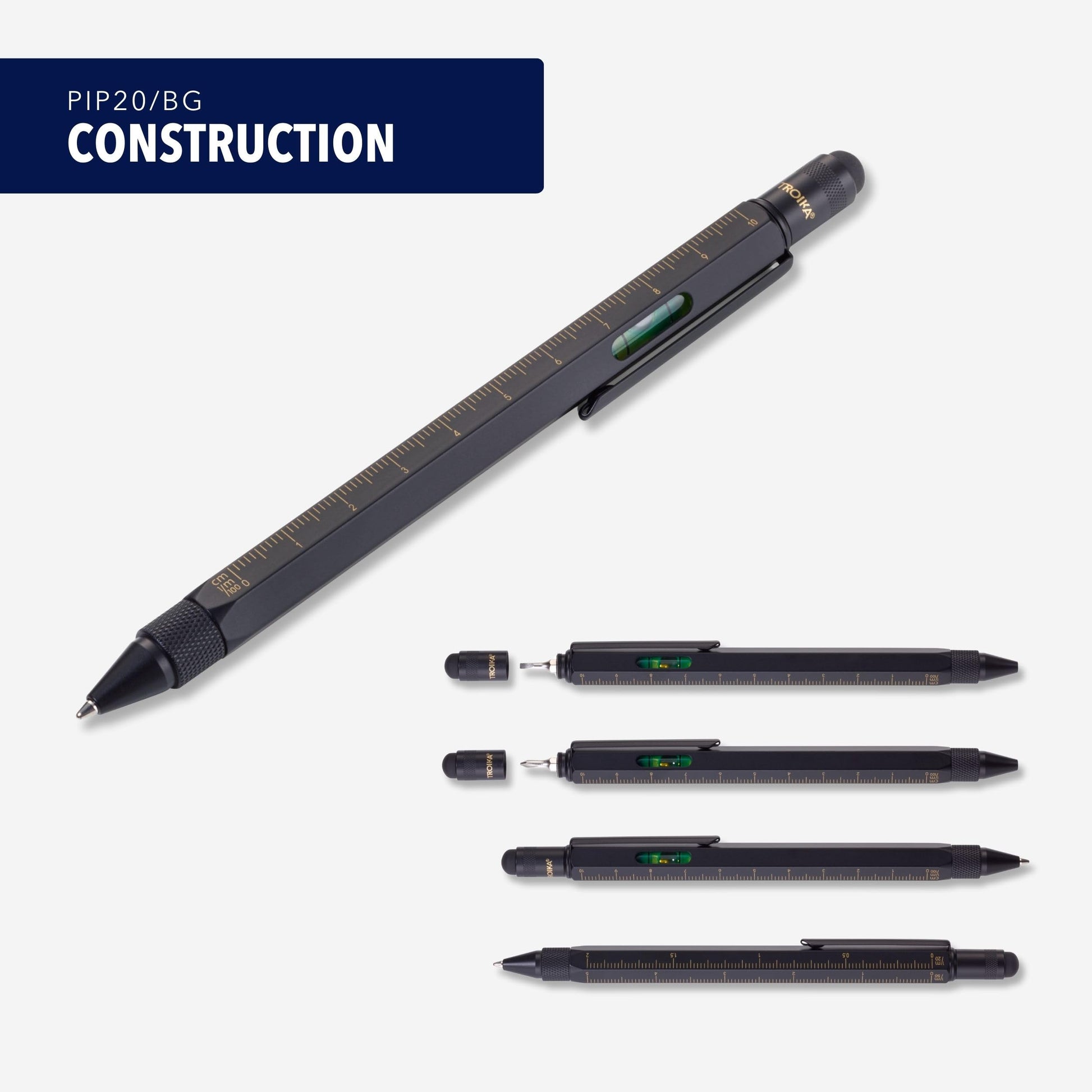 TROIKA CONSTRUCTION Multitasking Ballpoint Pen - PIP20/BG - Black/Gold - Centimetre and Inch Ruler