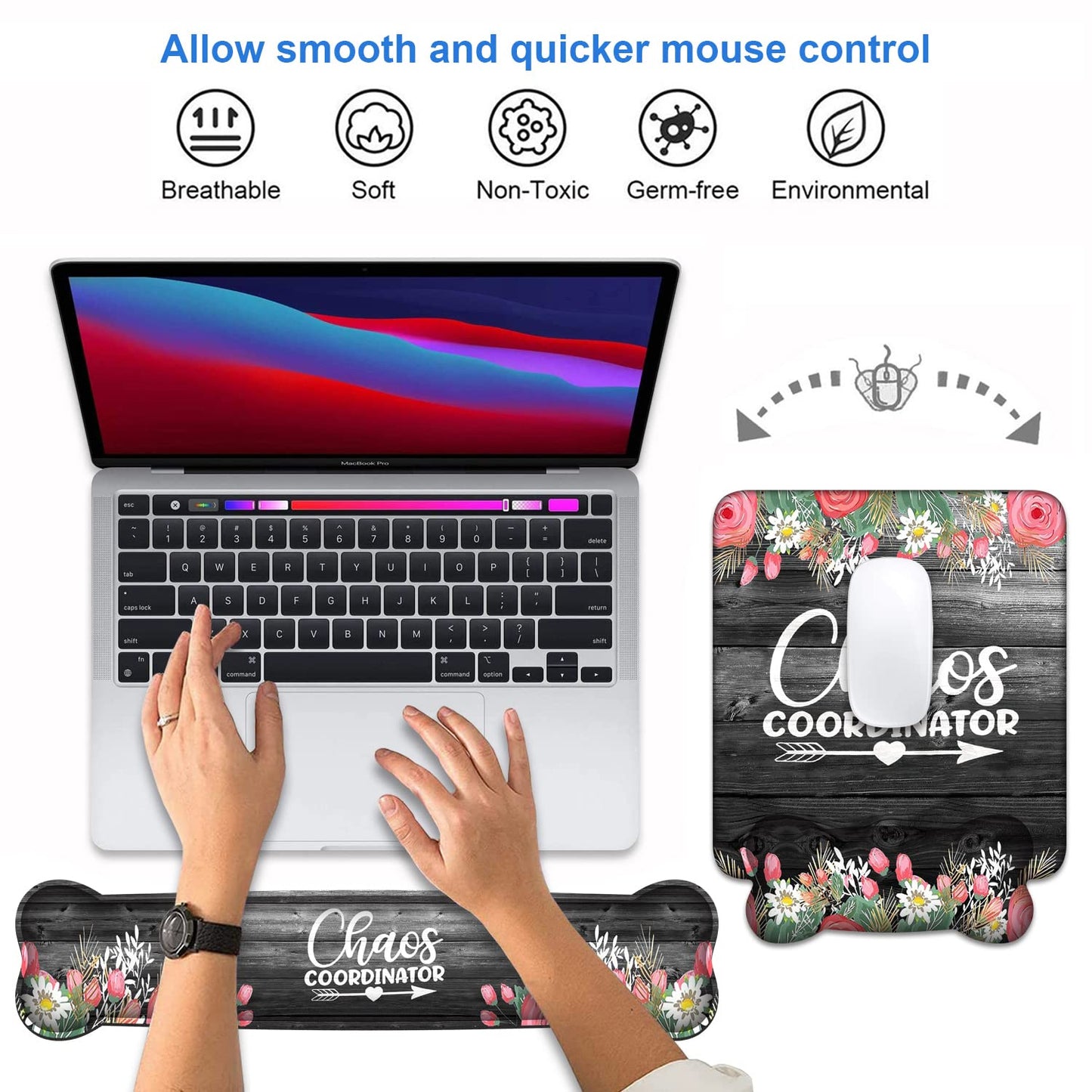 Keyboard Wrist Rest & Mouse Pad Wrist Support Set, Chaos Coordinator Quotes Colored Floral Wreath