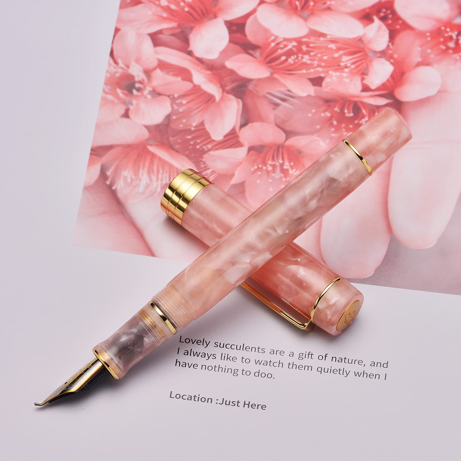 Jinhao 100 Fountain Pen Bent Point, Pink Marble Fude Pen Calligraphy from Fine to Broad Size with