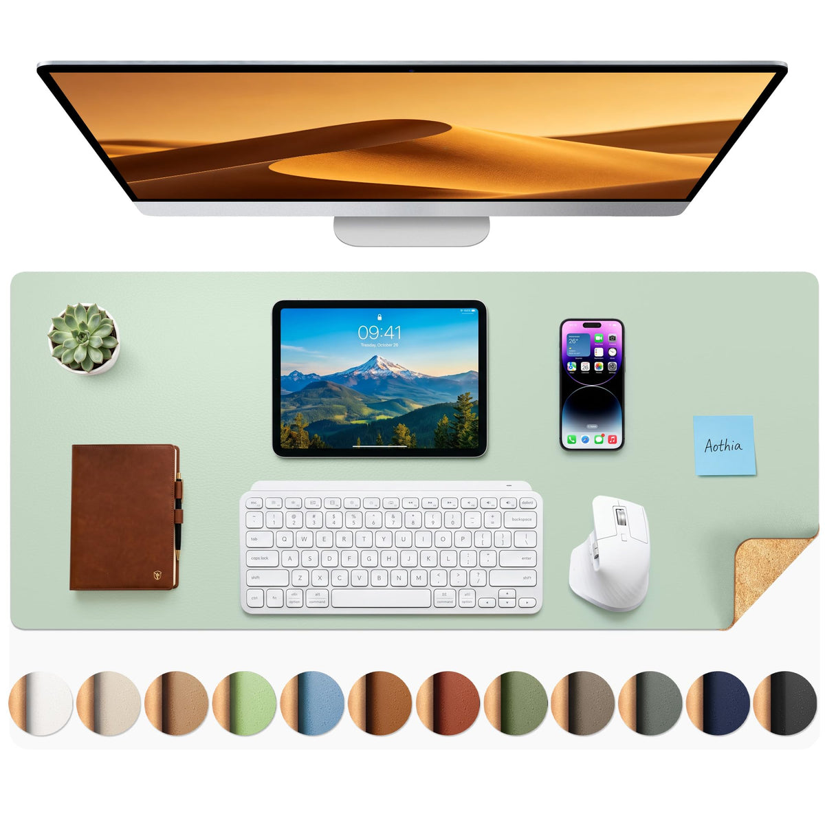 Aothia Double-Sided Desk Pad - 35.4" x 15.7" Leather Desk Mat with Eco Cork Protector, Large Mouse