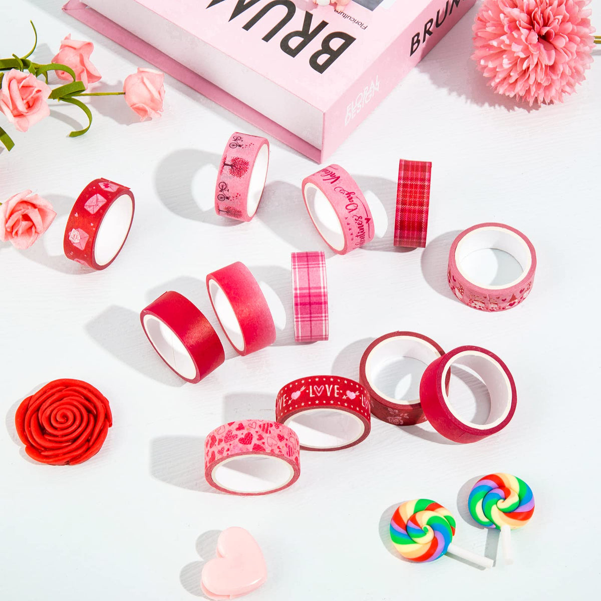 Whaline 12 Rolls Valentine Washi Tape Red Pink Heart Gnome Love Masking Tape for Wedding Scrapbook