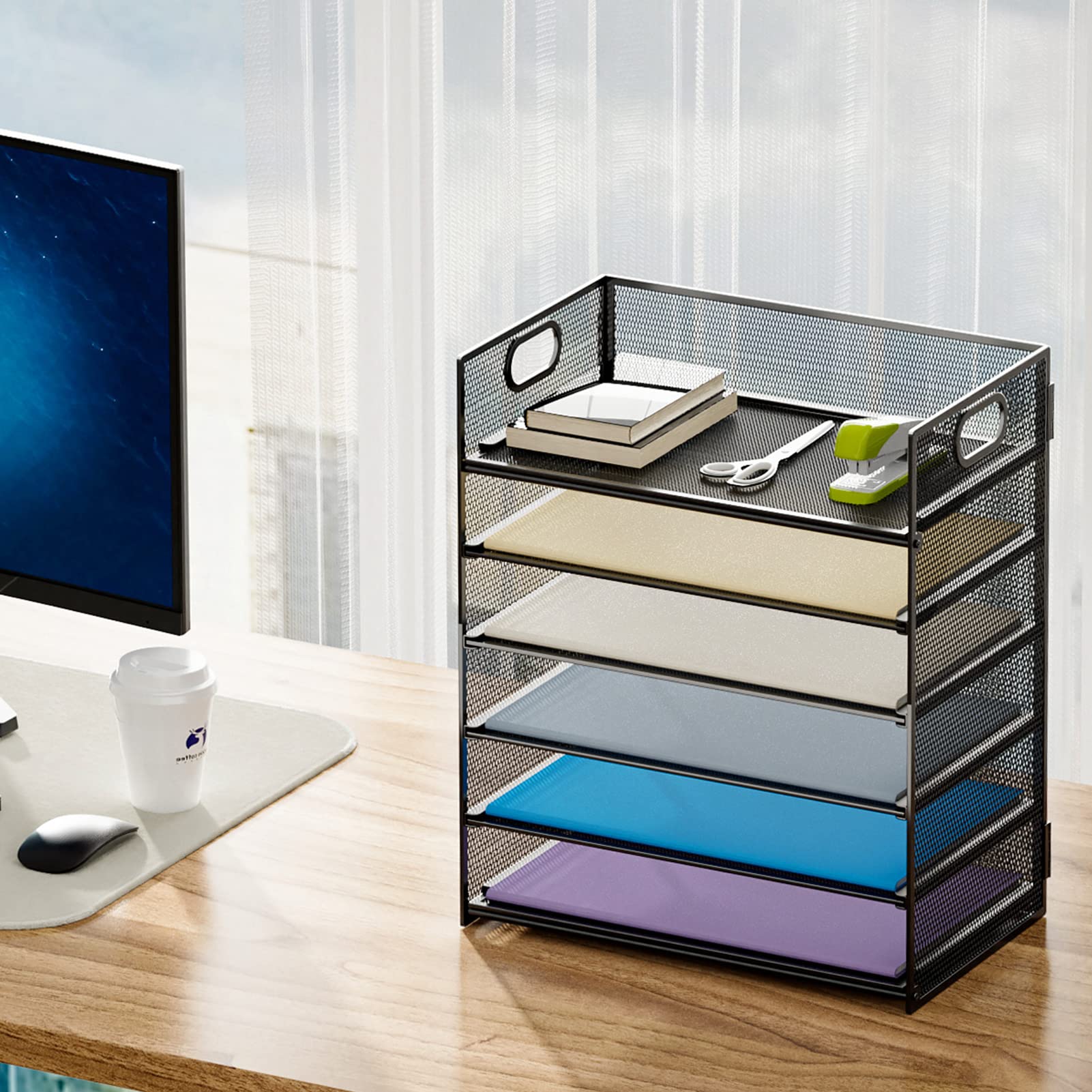 Marbrasse 2 Pack Desk Organizer with Handle, 6 Tier Paper Letter Tray, Mesh Desk File Organizer for