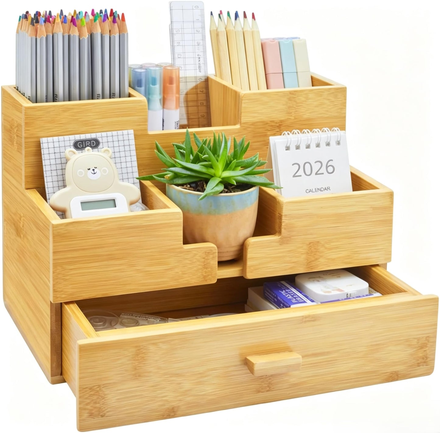 Charmlife Bamboo Desk Organizer - Countertop Drawers Organizer Tabletop Storage Organization Makeup