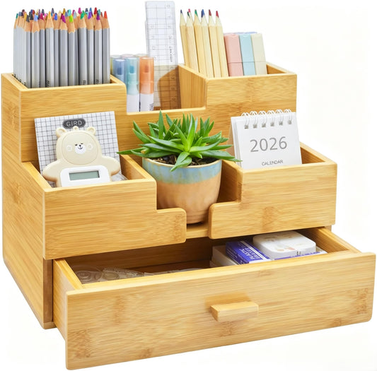 Charmlife Bamboo Desk Organizer - Countertop Drawers Organizer Tabletop Storage Organization Makeup