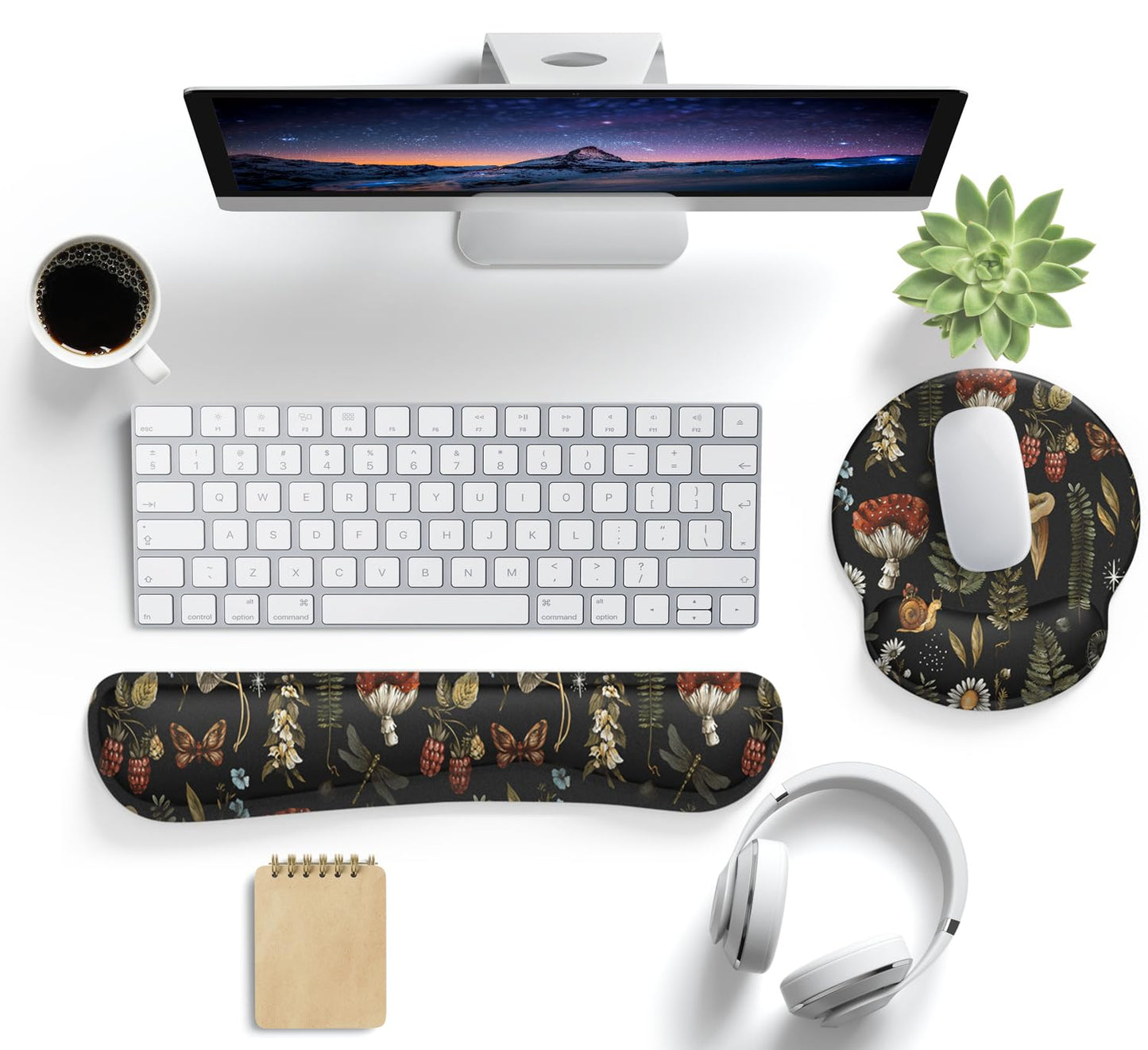 Plant Mushroom Mouse Pad Black Aesthetic Ergonomic Desk Pad Wrist Support Keyboard Wrist Rest Set