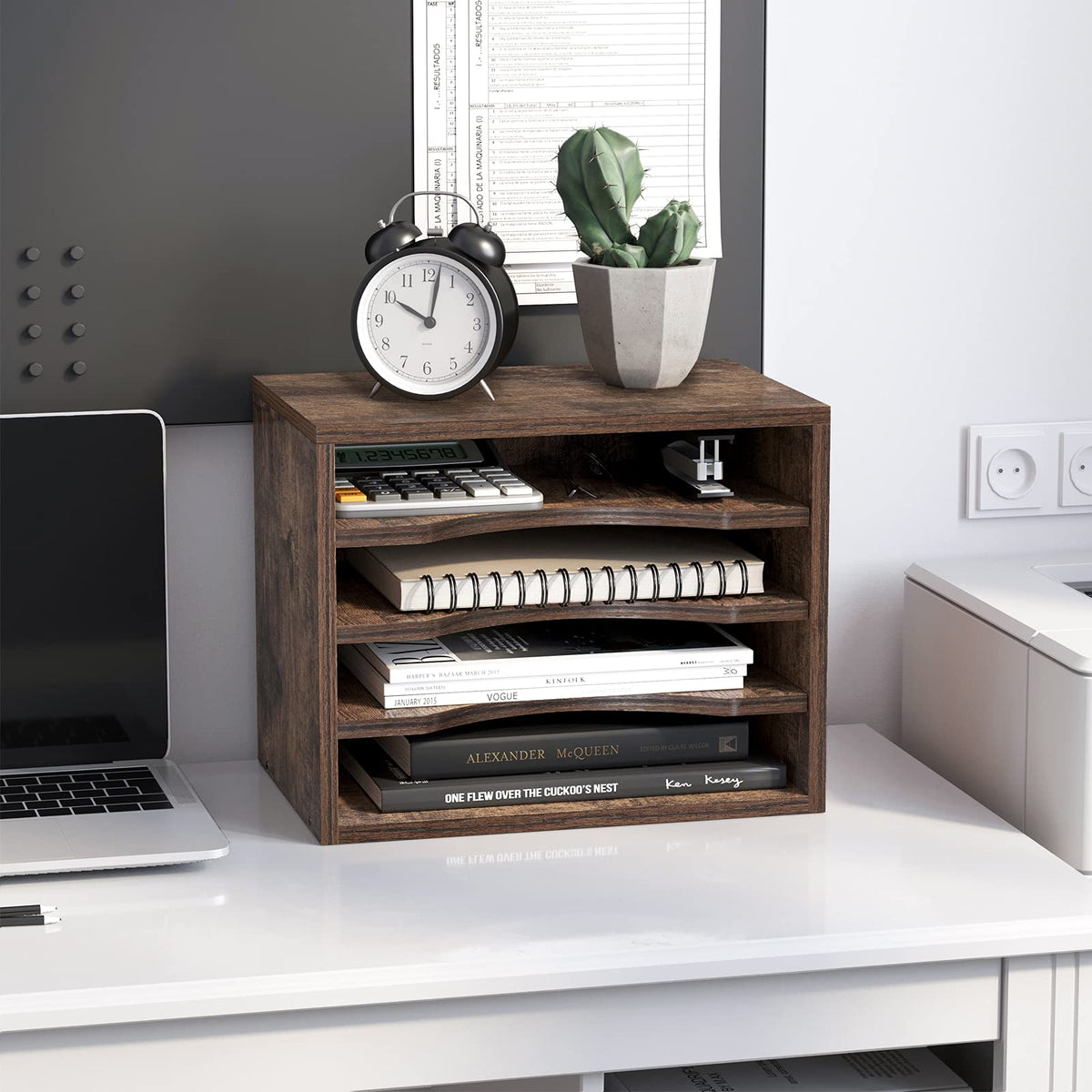 Snughome Vintage Wood File Organizer Desktop, 13.4’’ Document Letter Mail Tray Sorter with 3
