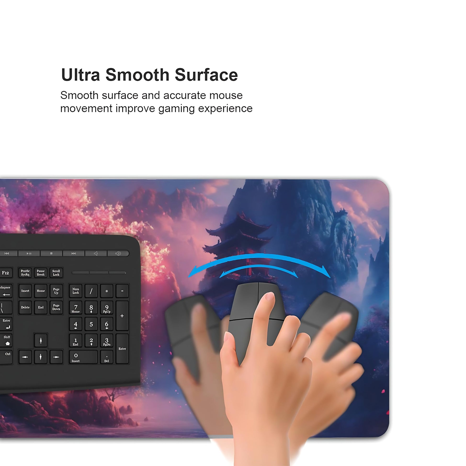 Aesthetic Scenery Gaming Mouse Pad, Blue Pink Japanese Desk Mat with Anti-Slip Base & Stitched