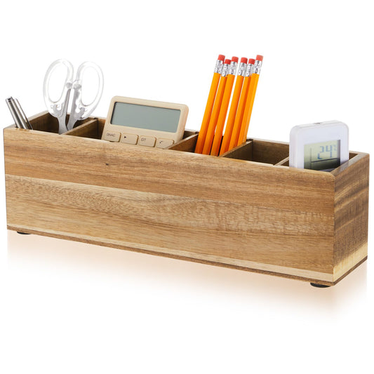 Jetec Wooden Pencil Pen Holder for Desk, Acacia Wood, 6 Compartments