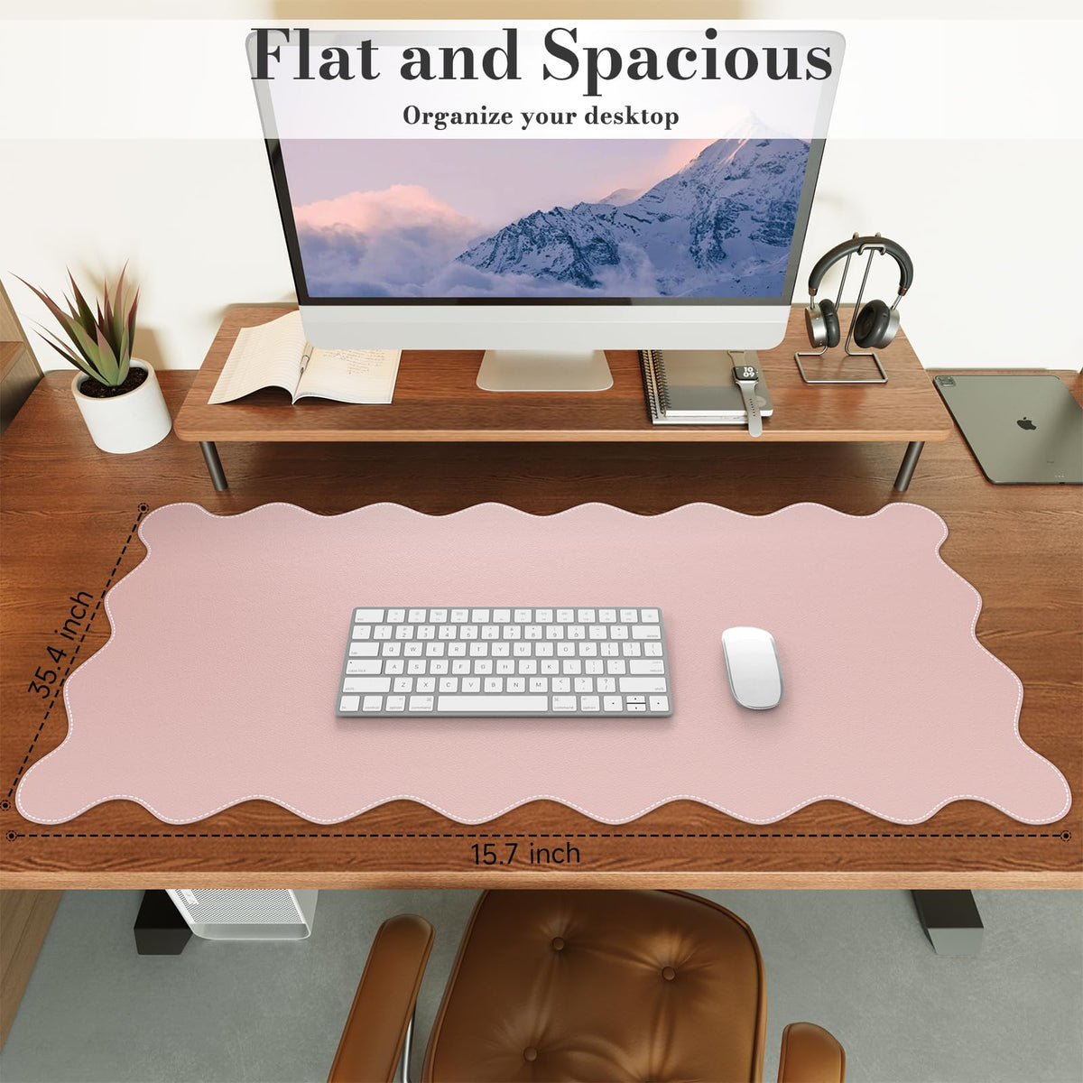 iCasso Pink Scalloped Table Mat, 35.4"x15.7" Desk Pad for Workspace