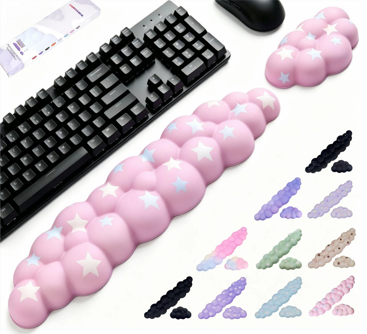 LJYZMD Cloud Wrist Rest Set for Keyboard & Mouse, 16.9", Pink Colorful Star