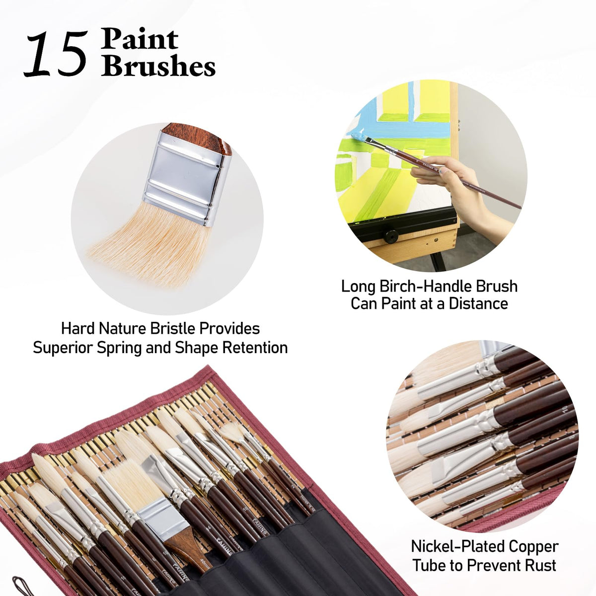 Falling in Art 15 Pcs Professional Oil Paint Brush Set, Natural Hog Bristle