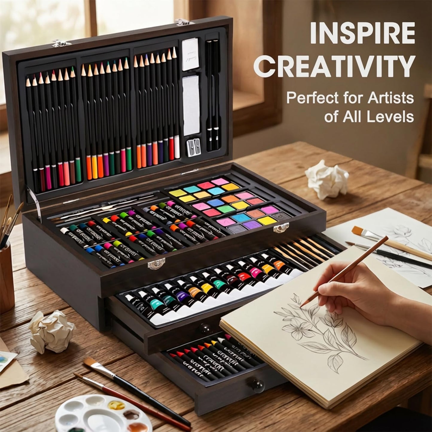 175-Pack Deluxe Wooden Art Set Drawing Painting Kit with 2 Drawing Pads, Acrylic Paints, Colored