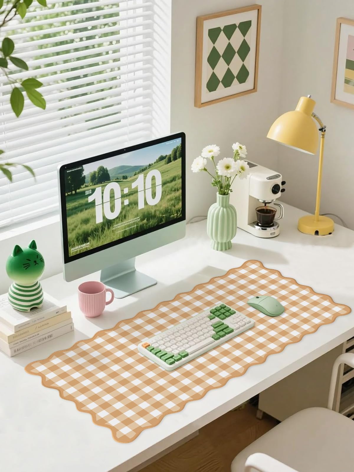 Scalloped‌ Orange Checkered Gingham Desk Mat Cute Pastel Large Mouse Pad Kawaii Cottagecore