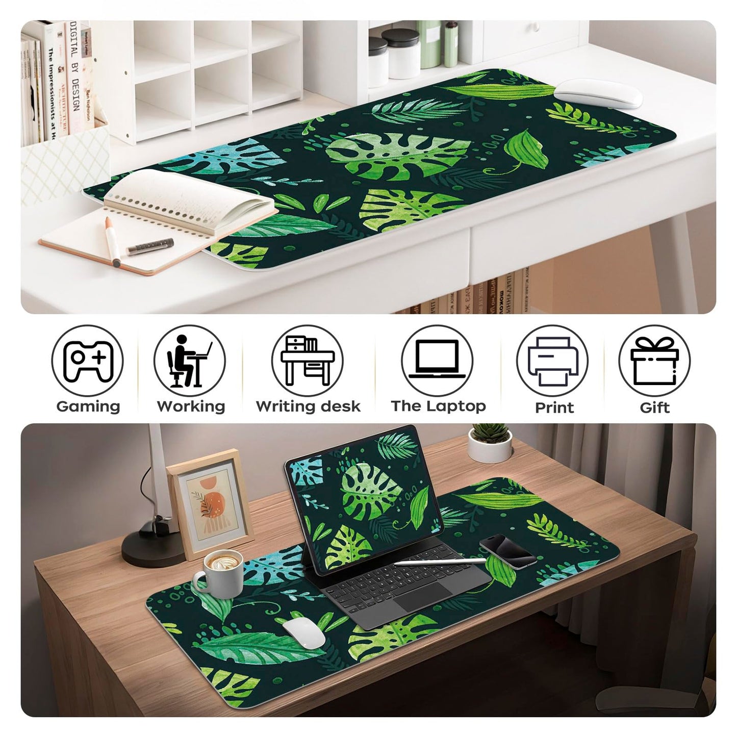 Green Desk Mat 35.4" x 15.7", Cute Plant Cool Desk Pad Keyboard Mat Flower Mouse Pad Green Desk Mat