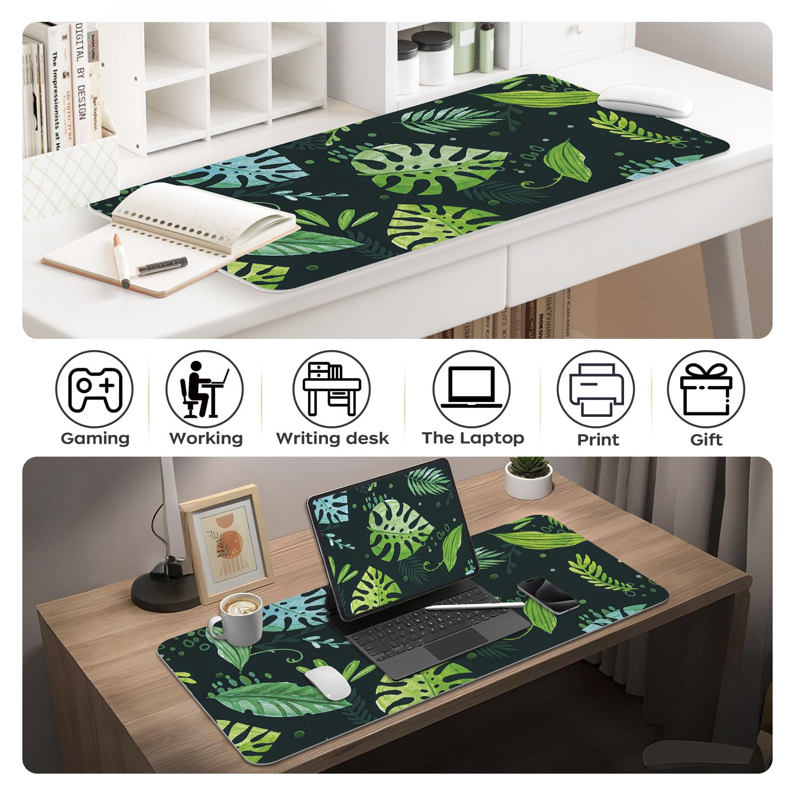 Green Desk Mat 35.4" x 15.7", Cute Plant Cool Desk Pad Keyboard Mat Flower Mouse Pad Green Desk Mat