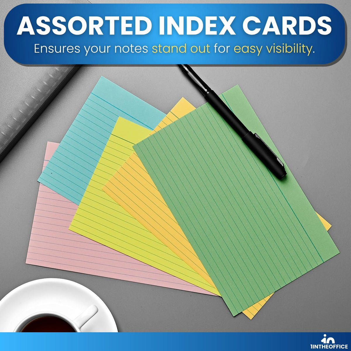 1InTheOffice Index Cards 5 x 8 Ruled Colored, Assorted 200/Pack