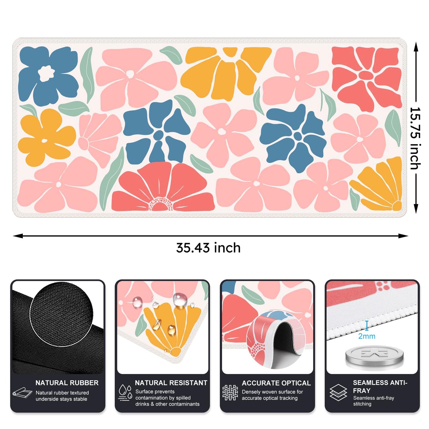 iCasso Desk Mat, Desk Matt for Desktop, Cute Desk Pad Mat, Colorful Flower