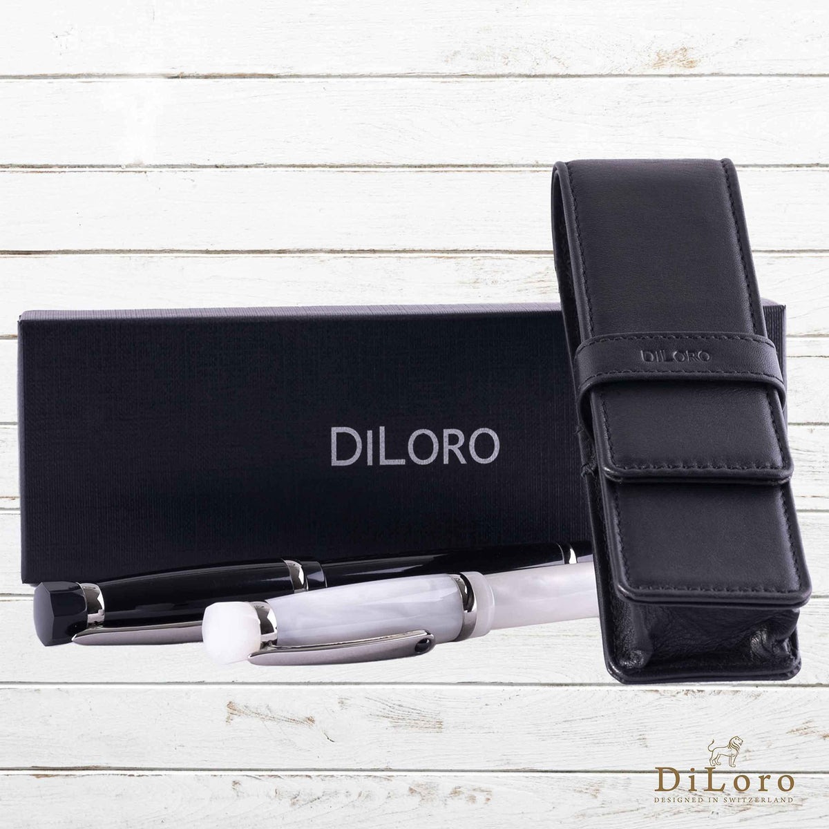DiLoro Leather Double Pen Case Pencil Pouch Holder for Two Fountain Ballpoint Rollerball Pens and