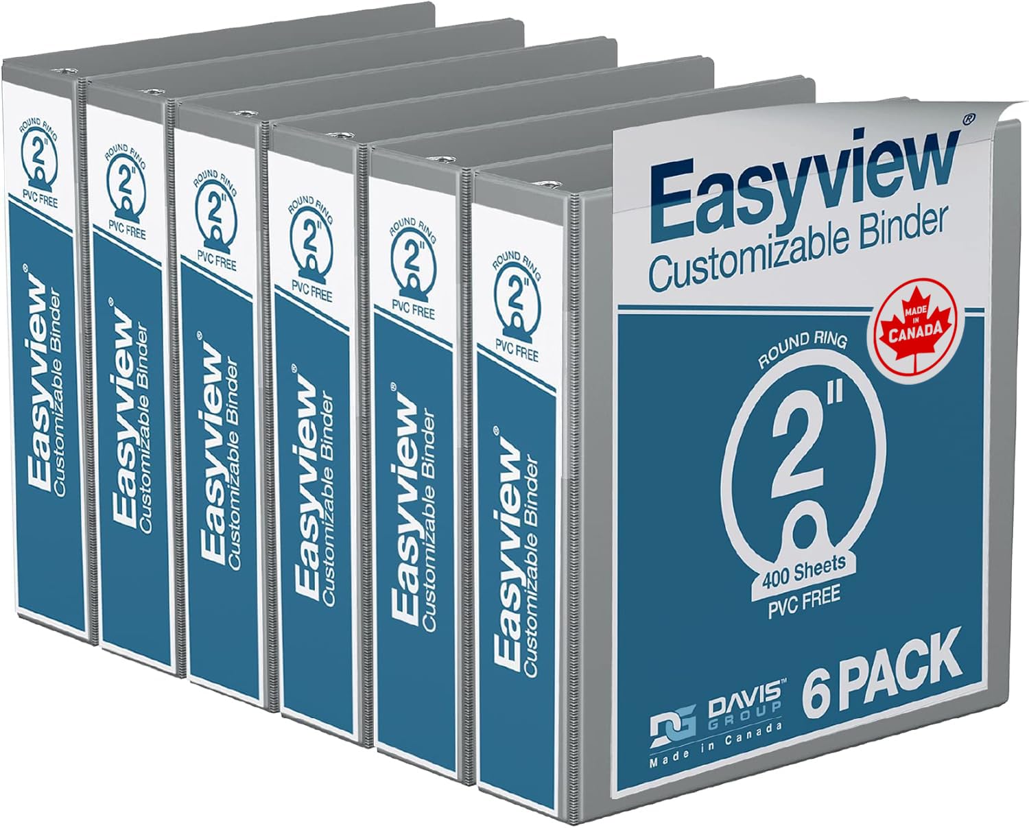 Easyview 3-Ring Binder, Clear-View Cover, 2" Round Rings, Gray, 6 Pack