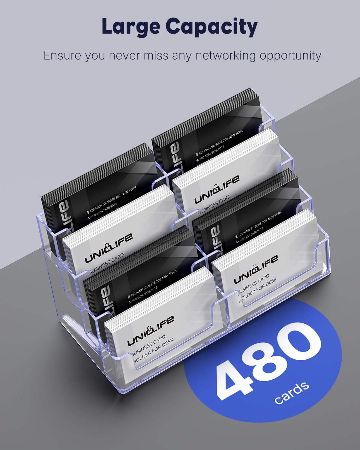 Uniclife 4 Pack Acrylic Business Card Holder for Desk 8 Slots Clear Business Card Display Stand for