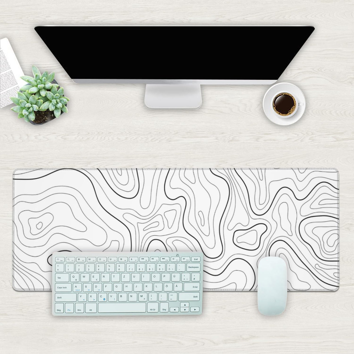 Desk Mat, White Topographic Contour Map Extended Gaming Mouse Pad Large, 31.5"x11.8" Big Mouse Pad