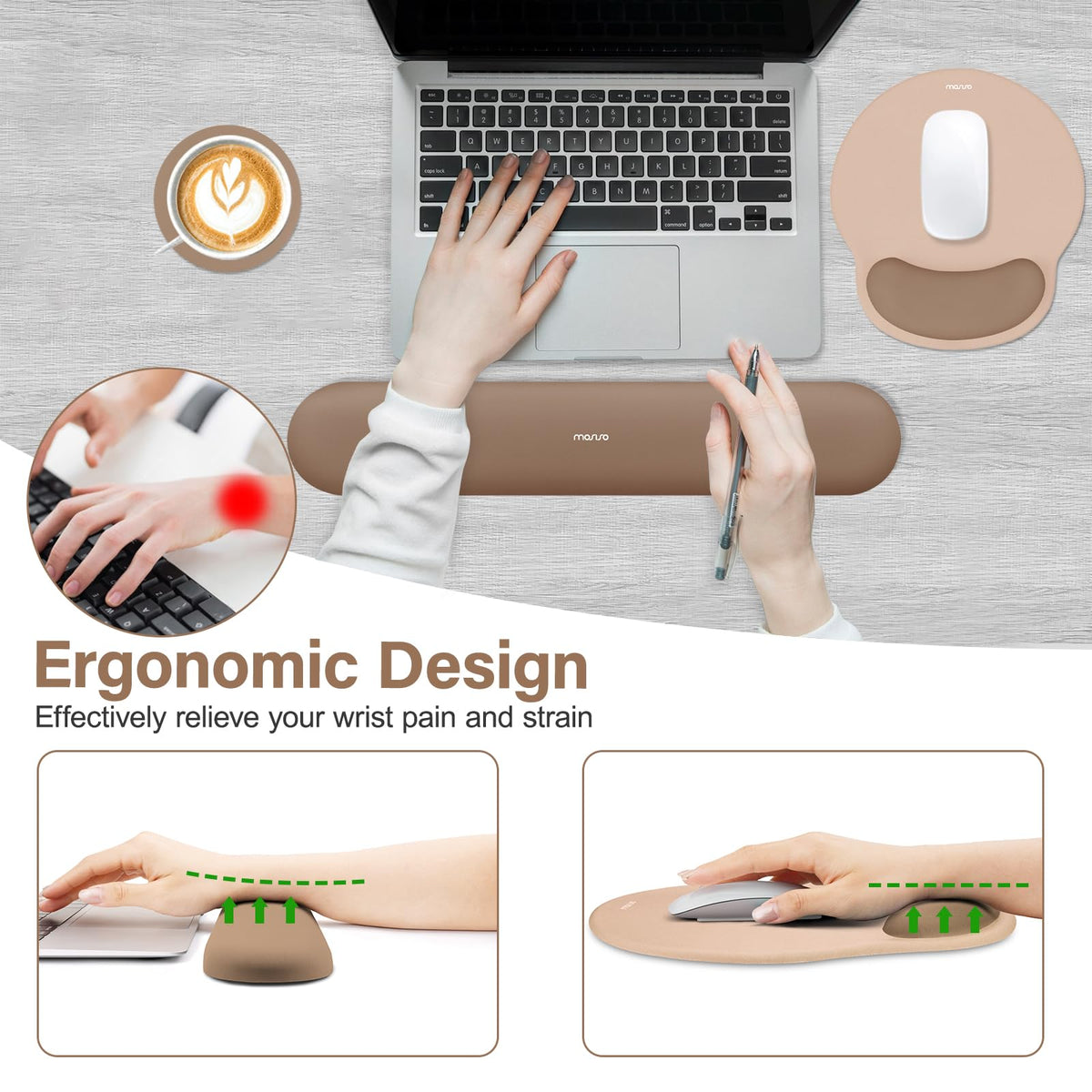 MOSISO Wrist Rest Support for Mouse Pad&Keyboard Set, Mocha