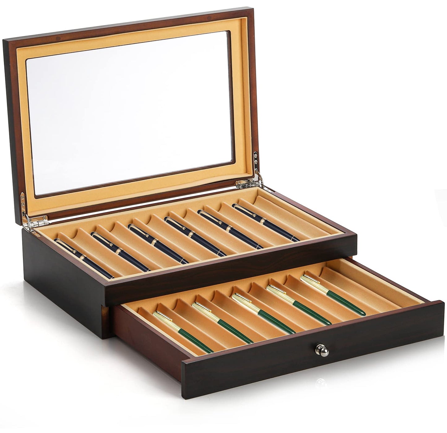 Yesland 2 Layer Ebony Wood Pen Display Box, 23 Slot Fountain Pen Organizer Box with Clear Glass