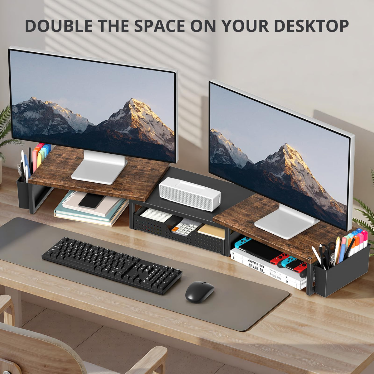 OPNICE Desk Organizers and Accessories, Dual Monitor Stand Riser with Drawer and 2 Pen Holders
