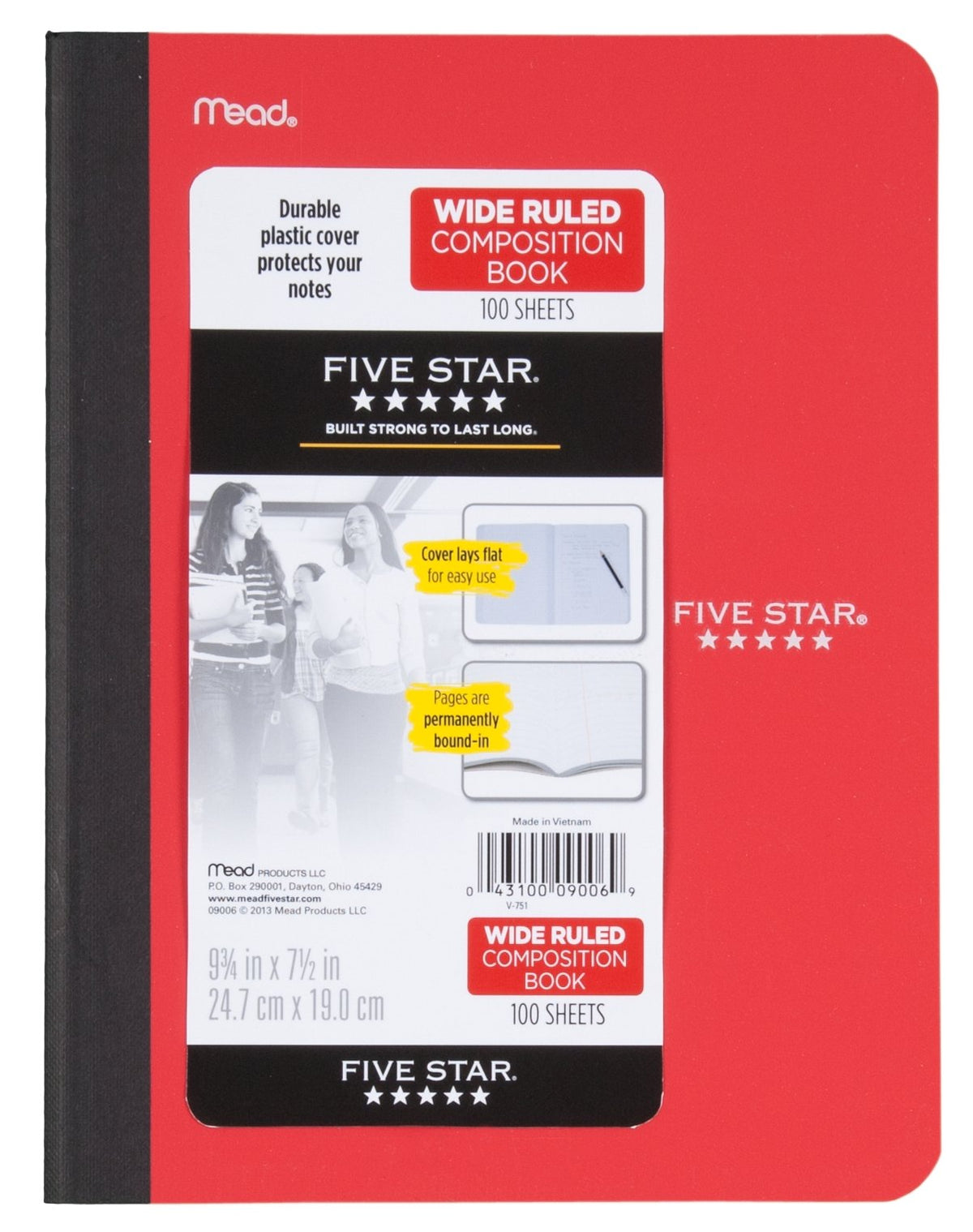 Five Star Composition Book/Notebook, Wide Ruled Paper, 100 Sheets, 9-3/4" x 7-1/2", Color Selected