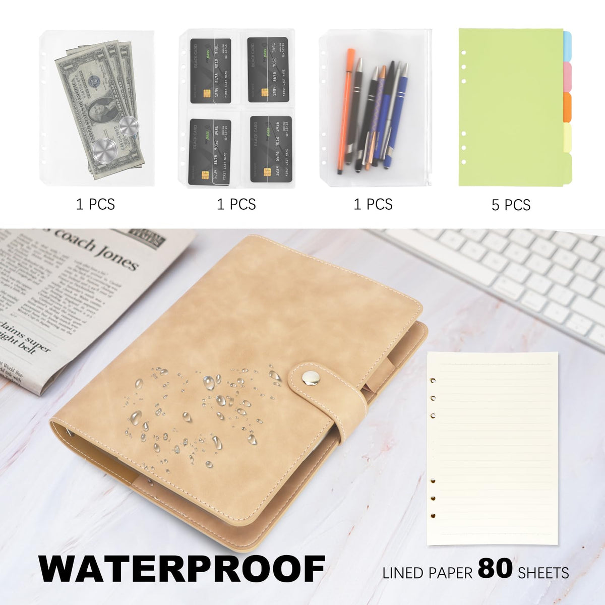 FYY A5 Binder Refillable Planner Notebook 6 Ring, Khaki