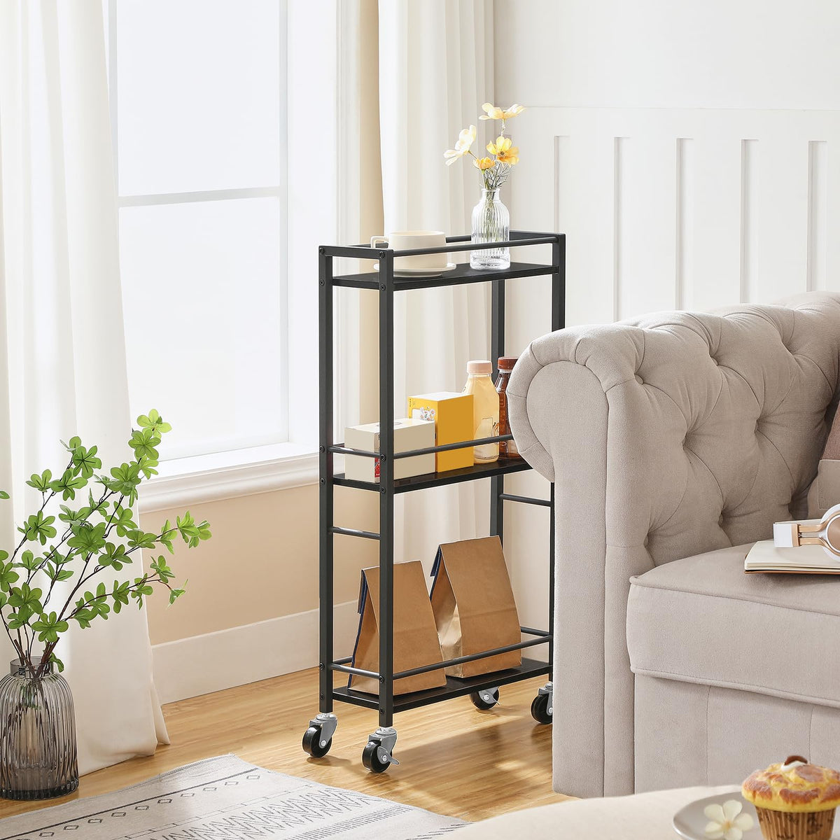 MAHANCRIS Slim Rolling Cart, Mobile Kitchen Cart on Wheels, Narrow Storage Cart for Small Space