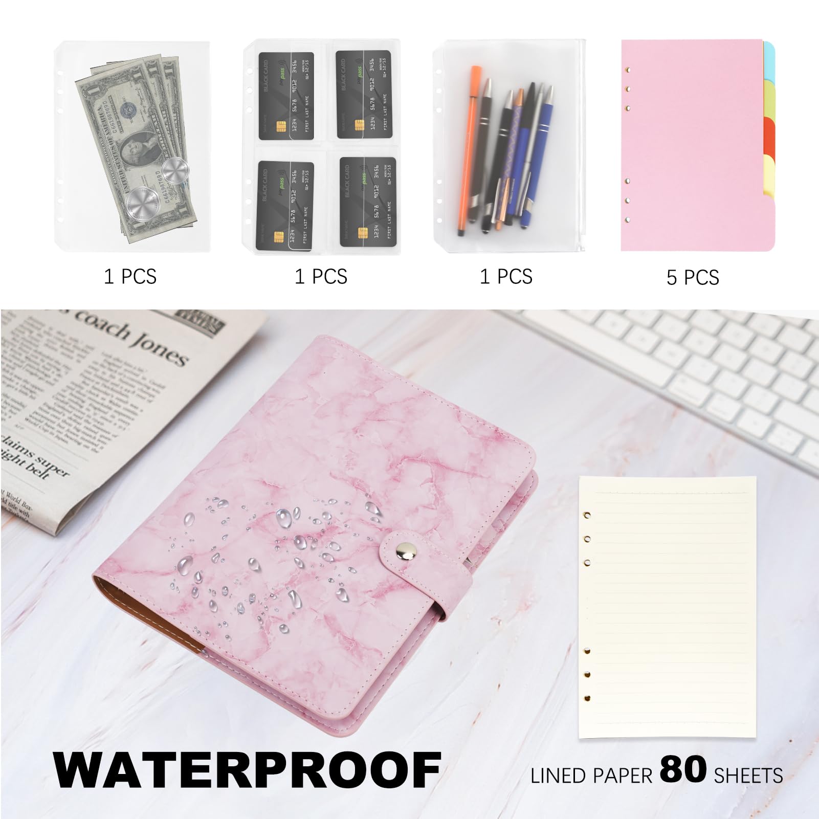 FYY A5 Binder Refillable Planner Notebook 6 Ring, Marble Pink