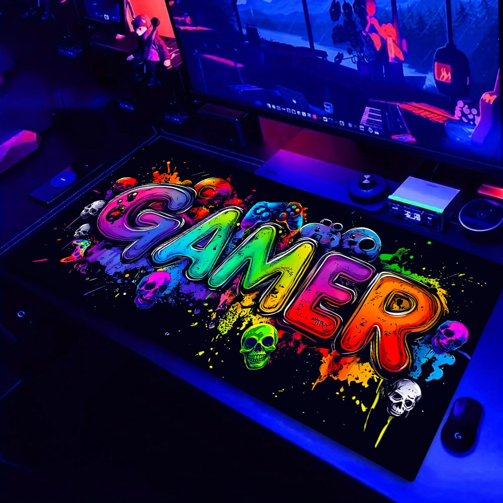 SparkLia Gamer Blacklight Mouse Pad – UV Reactive Neon Gaming Desk Mat with Skull Design