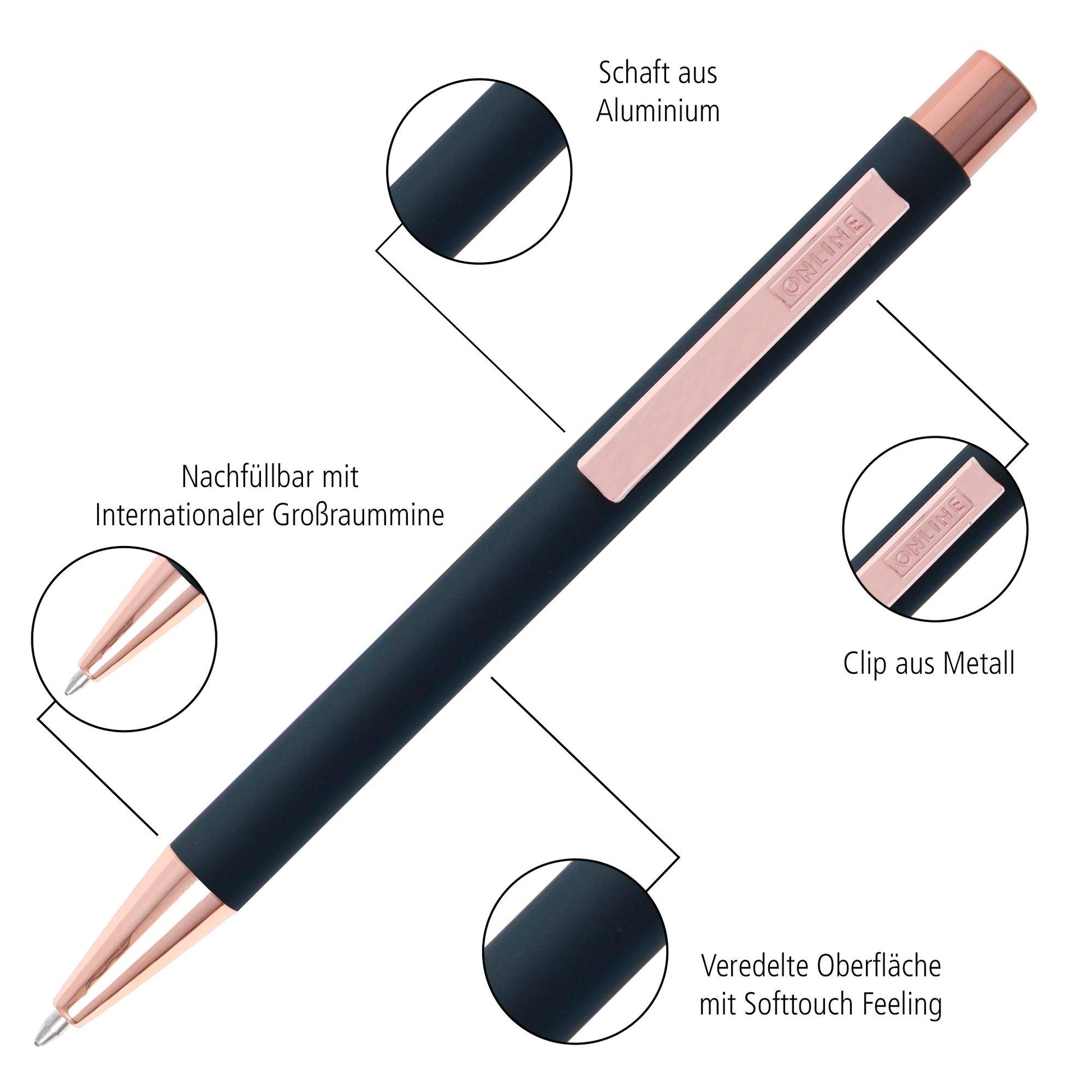 Online Soft Metal ballpoint pen, Pure Black, retractable ball pen, aluminum, replaceable refill