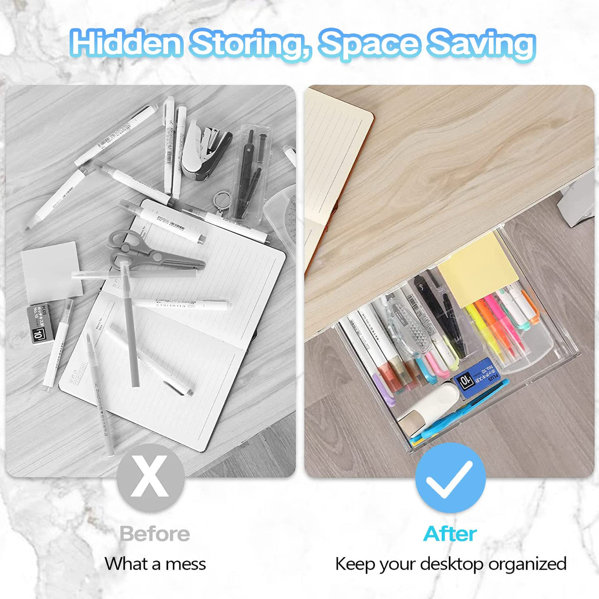 OSPNIEEK Self-adhesive Under Desk Drawer Organizer, 2 Pack Table Hidden Slide Out Large Storage