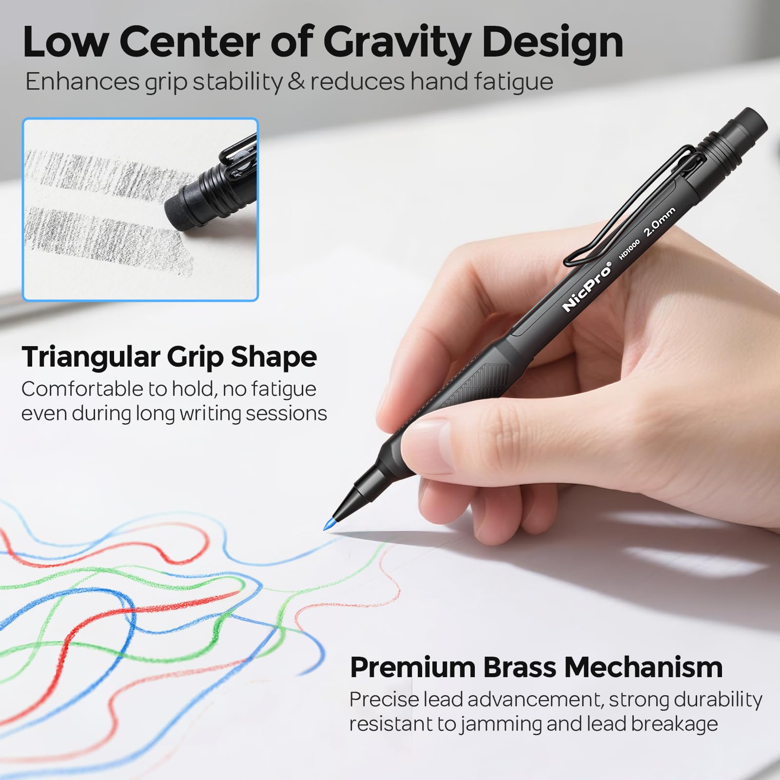 Nicpro 2.0 mm Mechanical Pencil Set, 3PCS Artist Lead Pencil Holder 2mm with 72PCS Lead Refills (4H