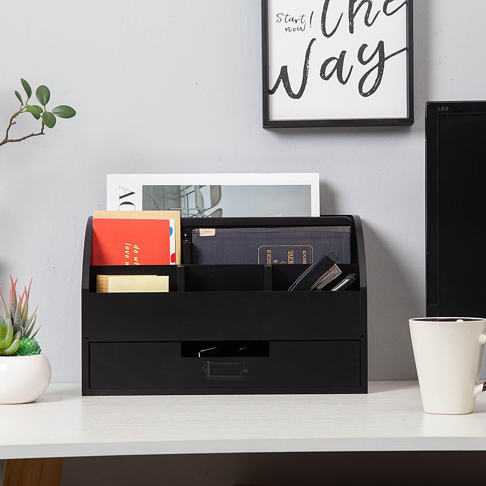 canwedance Distressed Rustic Wooden Office Desk Organizer 5 Compartment with 2 Drawer &Counter Desk