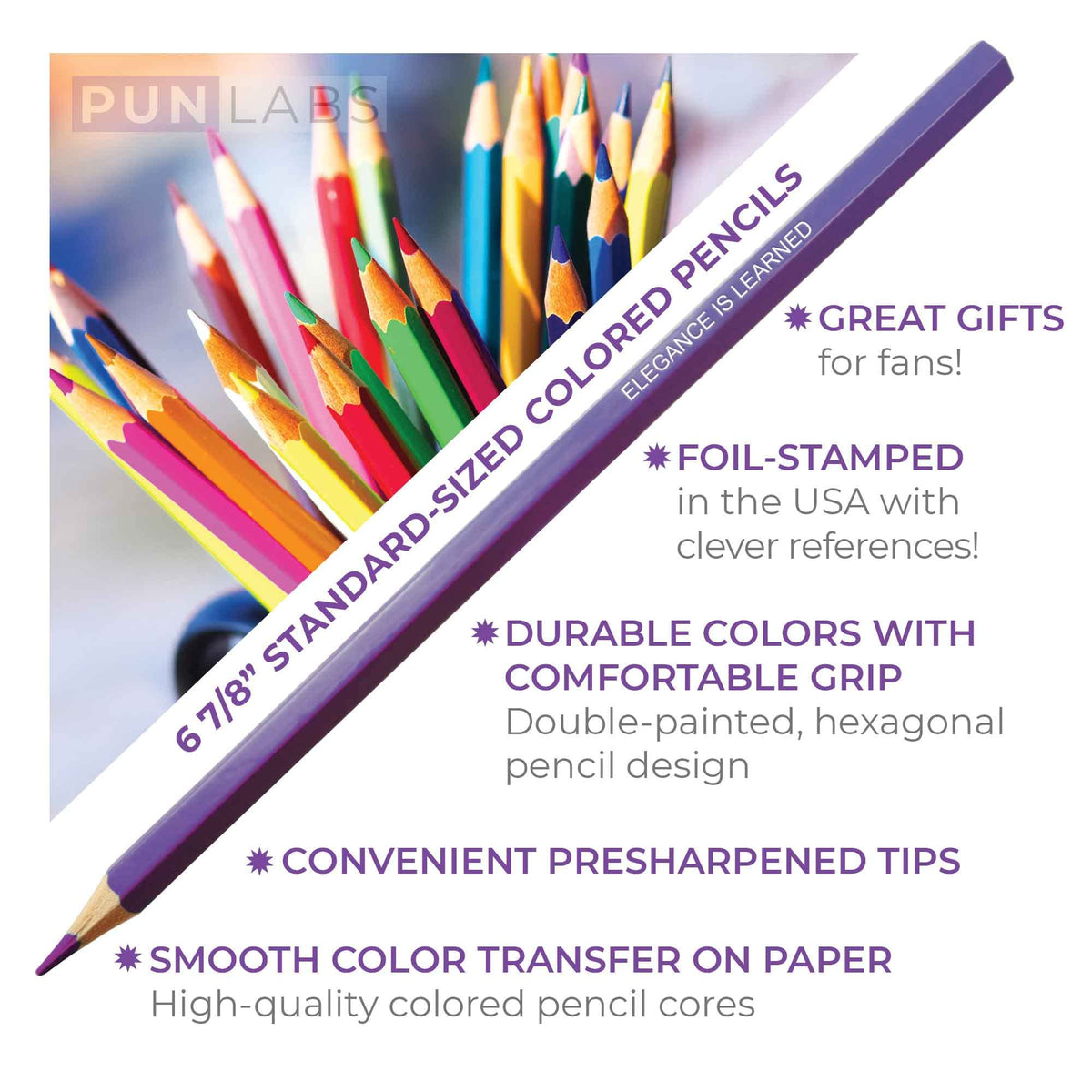 Pun Labs Glam Writes Colored Pencils, 12 Foil-Stamped Gift Set