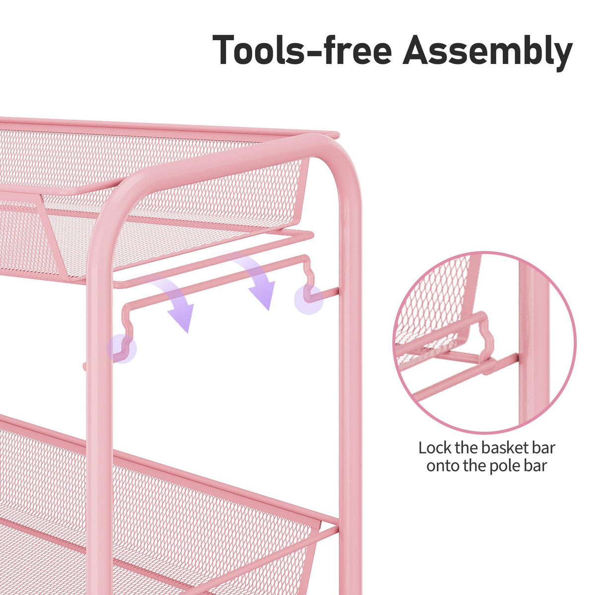 TOOLF 3 Tier Rolling Cart, Metal Utility Storage Cart with Wheels, Pink