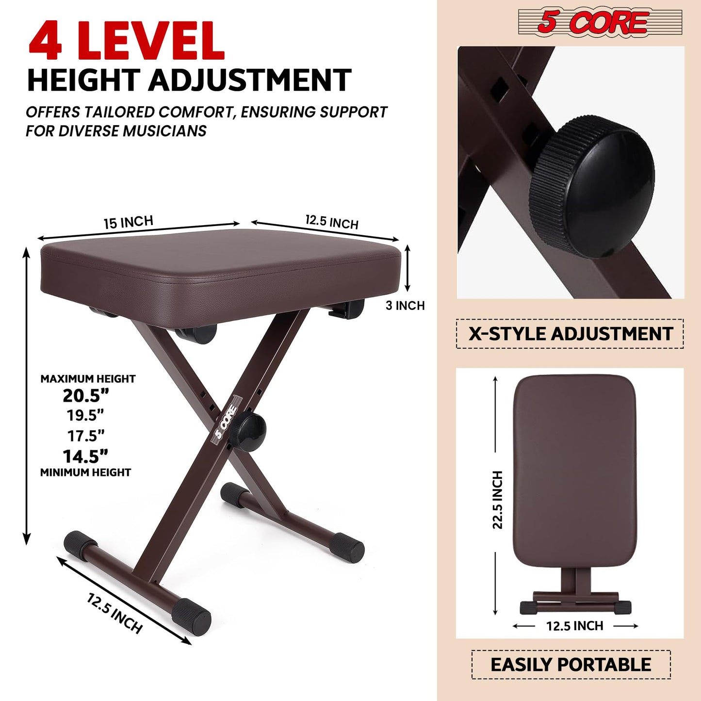 5 CORE Piano Bench X-Style Foldable 3" Padded Keyboard Seat Adjustable Height for Keyboards Synths