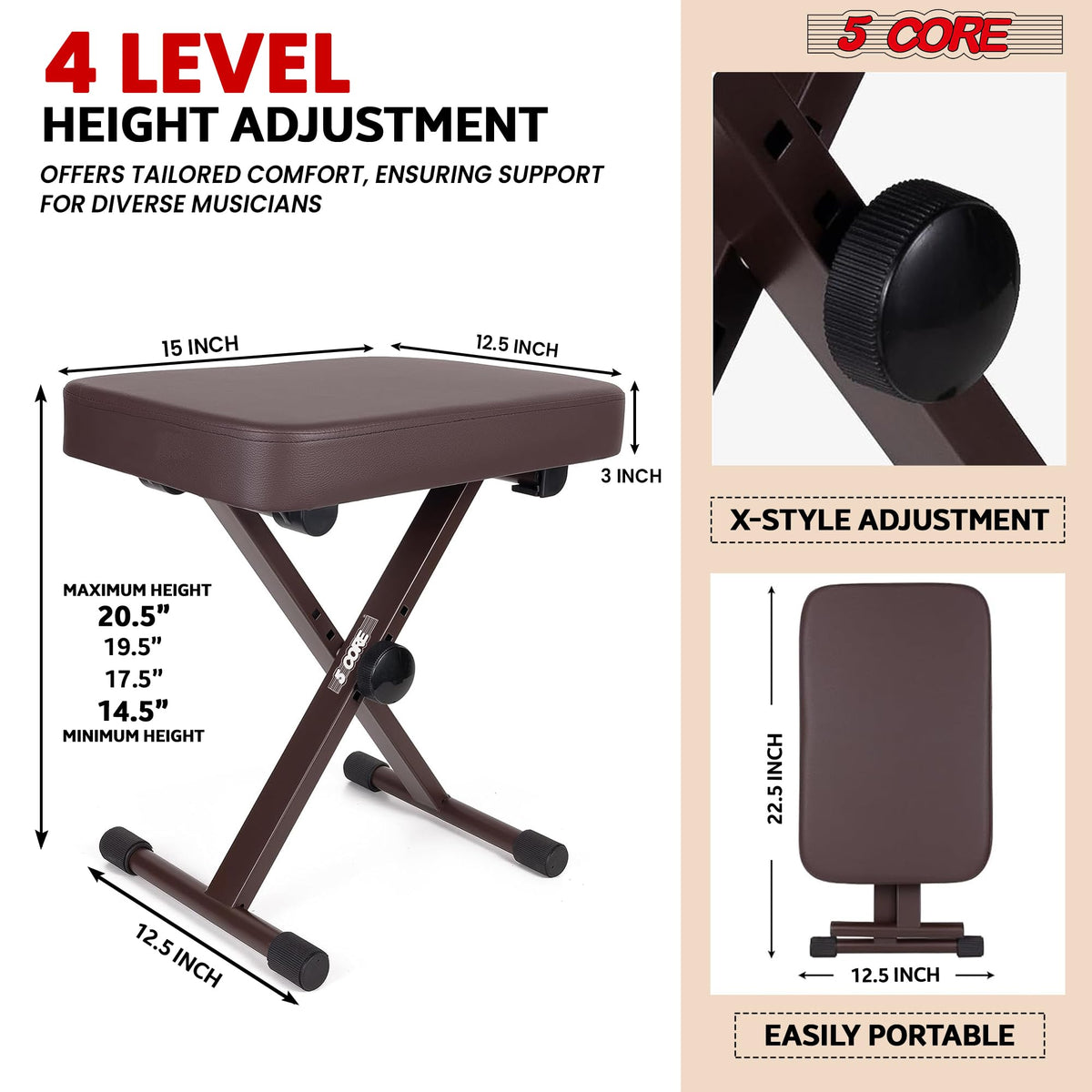 5 CORE Piano Bench X-Style Foldable 3" Padded Keyboard Seat Adjustable Height for Keyboards Synths