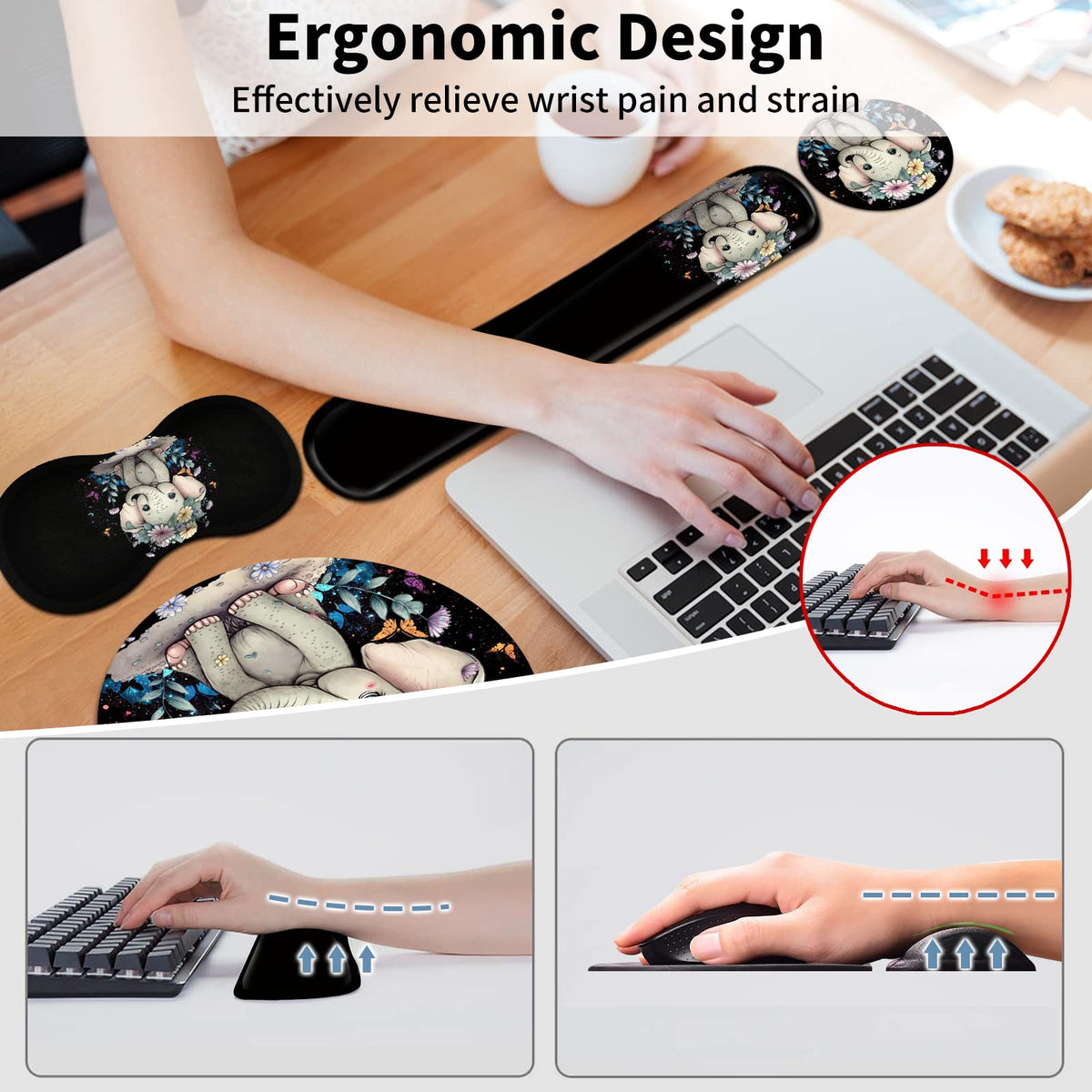 Mouse Pad + Keyboard Wrist Rest + Mouse Wrist Rest Support Set + Coaster, Ergonomic Memory Foam