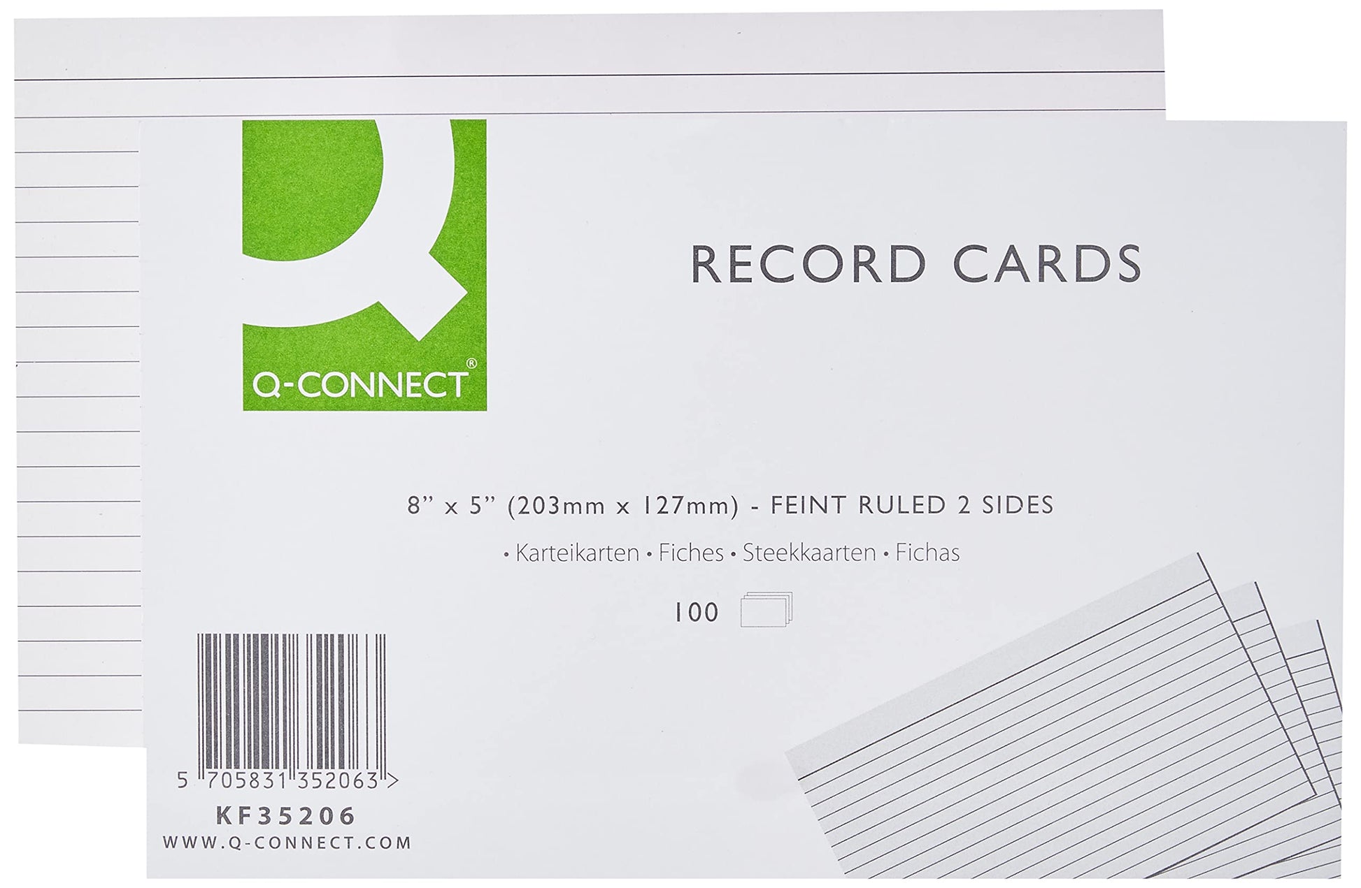Q-Connect Ruled Feint Record Card, 8 x 5 Inches - White, Pack of 100