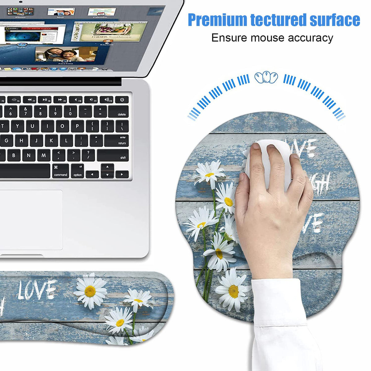 Keyboard Wrist Rest + Mouse Pad Wrist Support Set with Coasters, Dreamy Daisy Vintage Wood Board