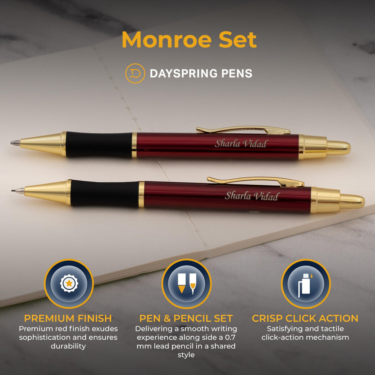 Dayspring Pens Monroe Personalized Pen & Pencil in Red Lacquer, Gold Trim