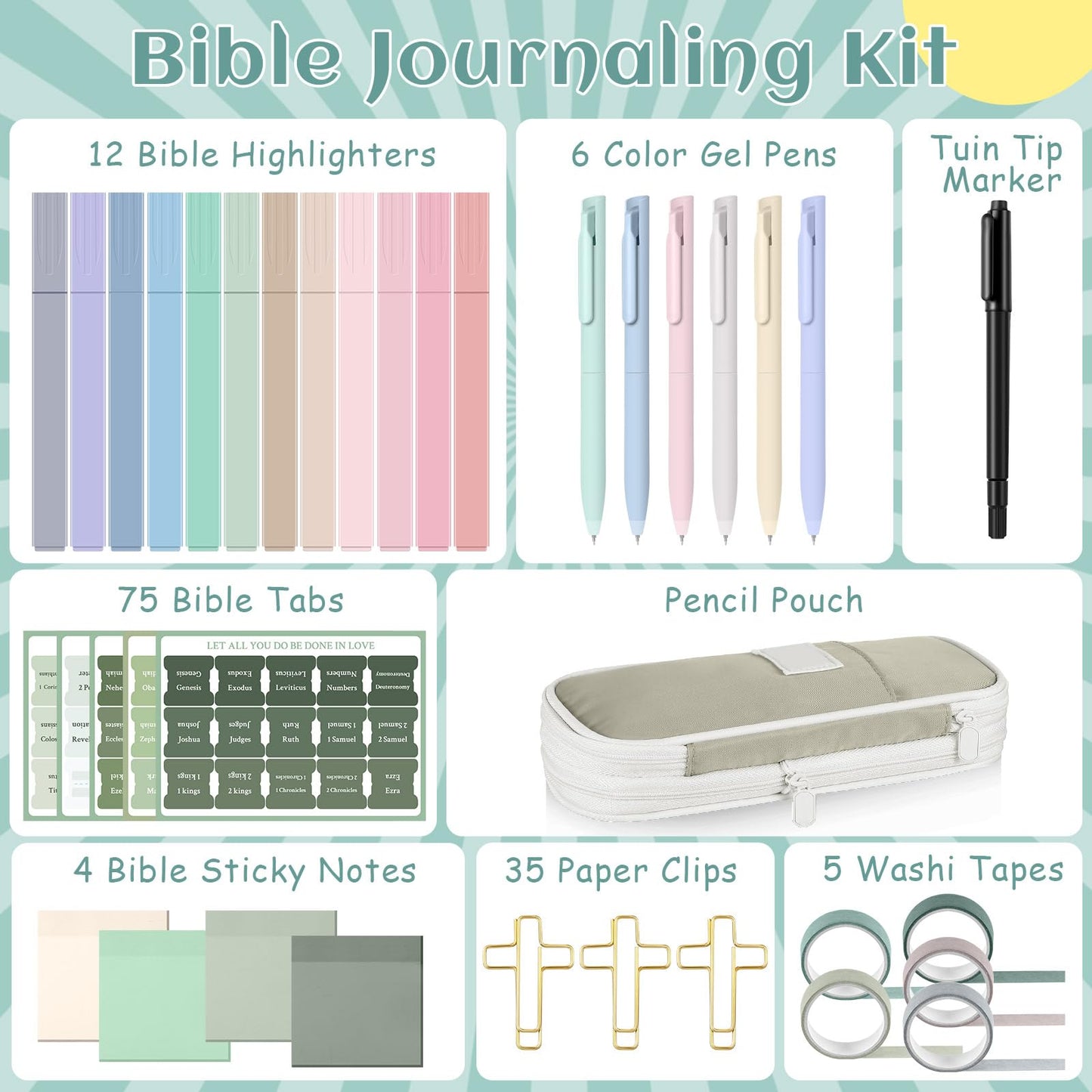 Dunzoom 137 Pcs Bible Study Supplies Journaling Kit 1 Pencil Case 12 Highlighters 4 Sticky Notes 6